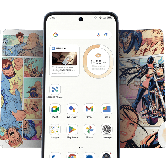 Smartfon na tle kolorowych stron komiksu wyświetla ekran główny z widżetem czasu i ikonami aplikacji