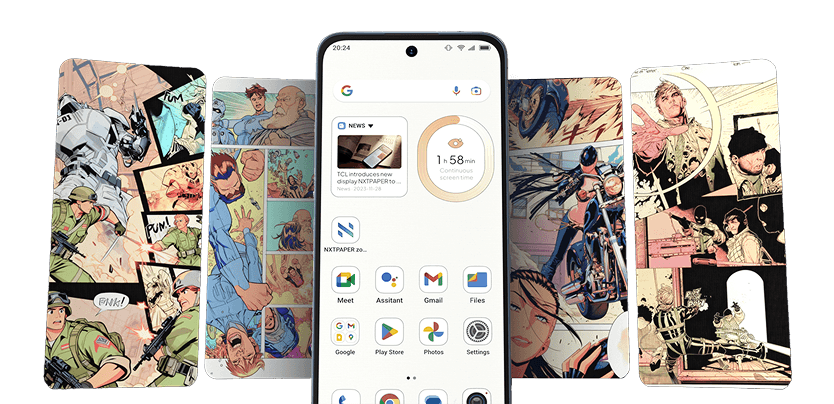 Smartfon na tle kolorowych stron komiksu wyświetla ekran główny z widżetem czasu i ikonami aplikacji