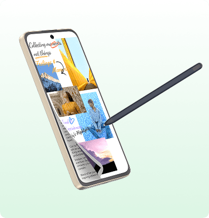 Smartfon z odchylonym rogiem ekranu wyświetlającym kolaż zdjęć i notatki oraz rysik dotykający wyświetlacza