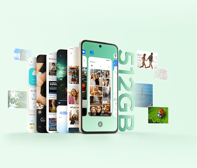 Smartfon na tle kaskadowo ułożonych ekranów aplikacji, szybujących zdjęć i trójwymiarowego napisu 512 GB