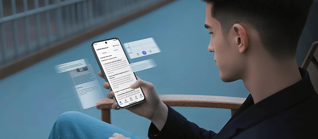 Mężczyzna trzyma w dłoni smartfon z interfejsem aplikacji i unoszącymi się wokół ekranu półprzezroczystymi okienkami