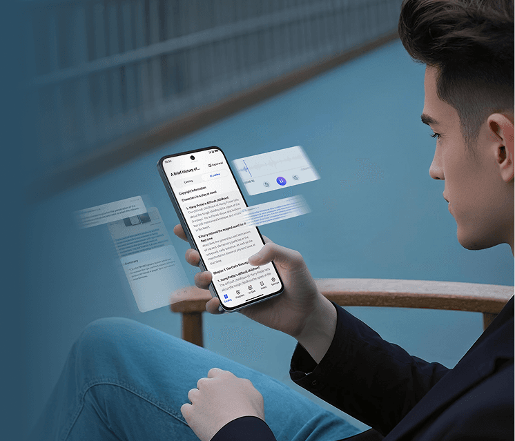 Mężczyzna trzyma w dłoni smartfon z interfejsem aplikacji i unoszącymi się wokół ekranu półprzezroczystymi okienkami