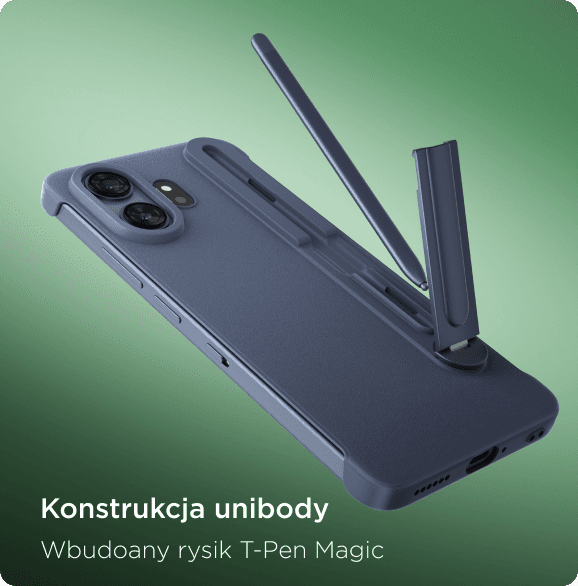 Smartfon w etui z podniesioną nóżką i wyciąganym z niej rysikiem pod napisem Konstrukcja unibody Wbudowany rysik T-Pen Magic