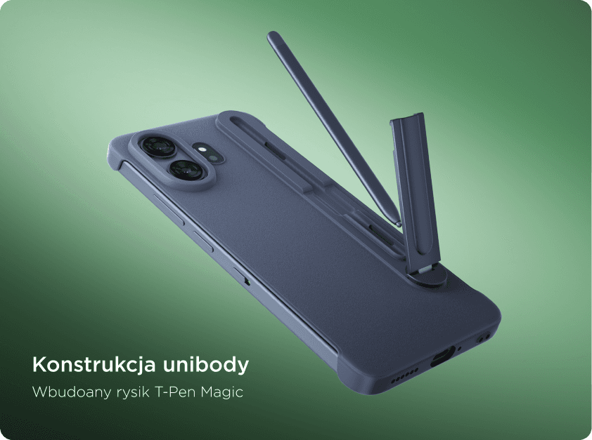 Smartfon w etui z podniesioną nóżką i wyciąganym z niej rysikiem pod napisem Konstrukcja unibody Wbudowany rysik T-Pen Magic