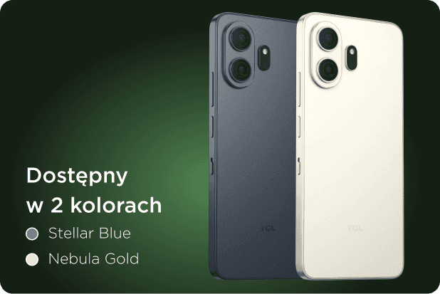 Dwa smartfony pokazane z tyłu obok napisu Dostępny w 2 kolorach Stellar Blue i Nebula Gold