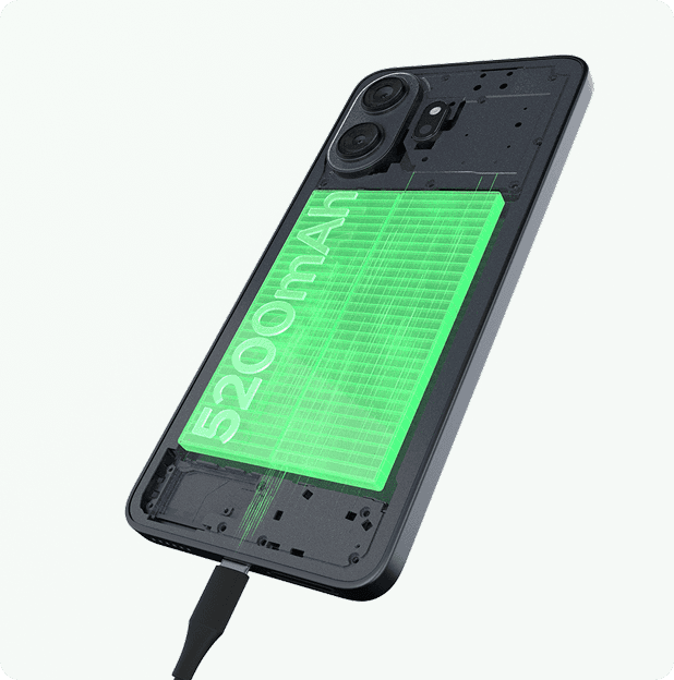 Przekrój smartfona z podłączonym ładowaniem i świecącą baterią z napisem 5200 mAh