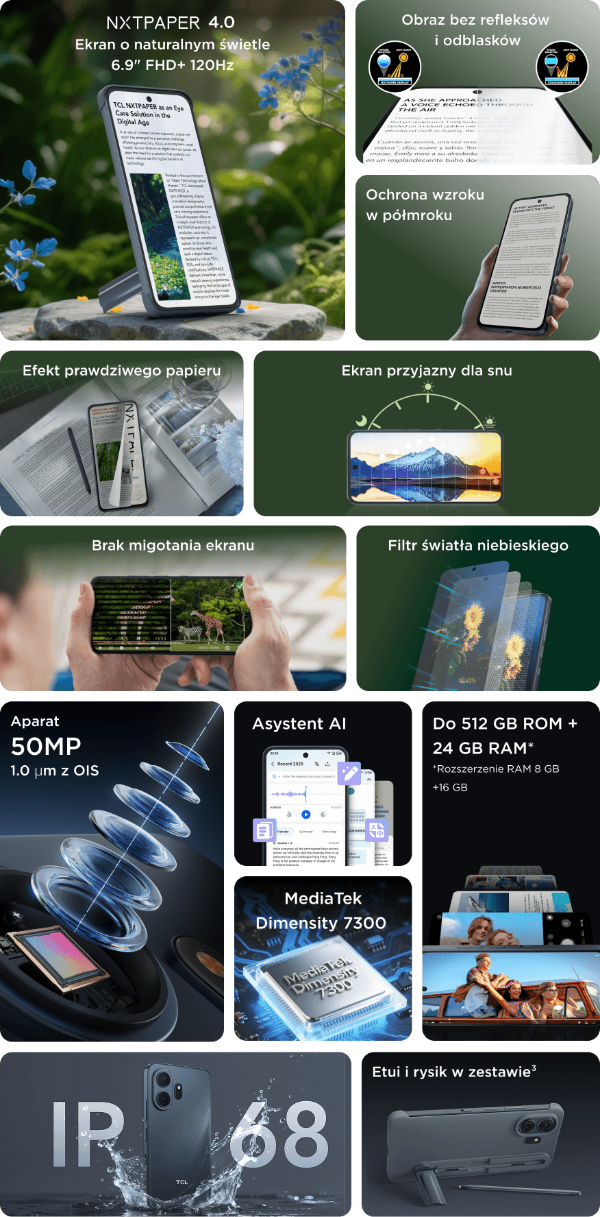 Grafika z funkcjami telefonu TCL: ekran NXTPAPER, aparat 50 MP, Asystent Artificial Intelligence, procesor i norma IP 68.