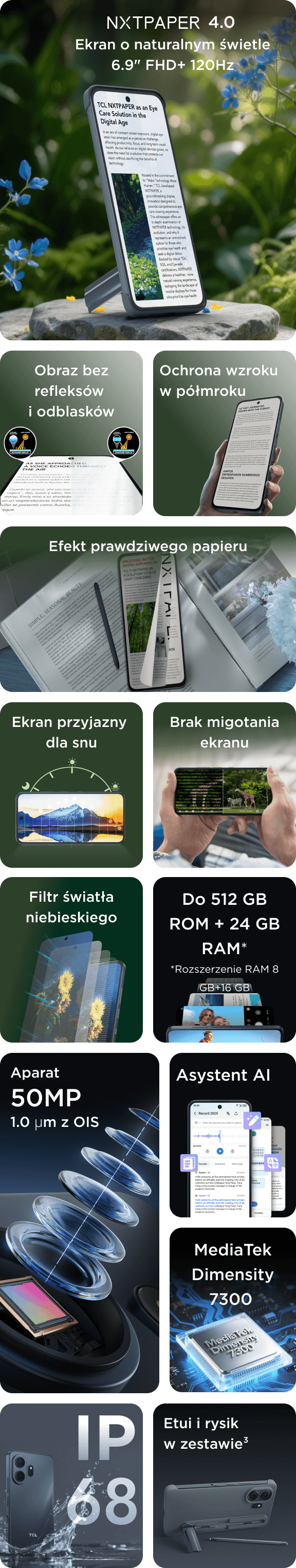 Grafika z funkcjami telefonu TCL: ekran NXTPAPER, aparat 50 MP, Asystent Artificial Intelligence, procesor i norma IP 68.