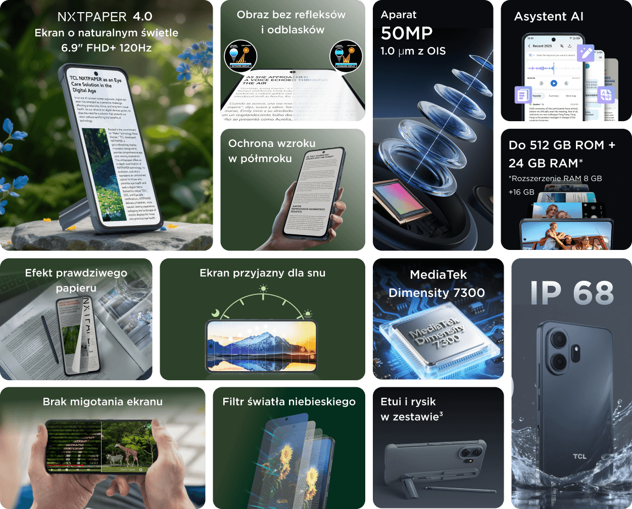 Grafika z funkcjami telefonu TCL: ekran NXTPAPER, aparat 50 MP, Asystent Artificial Intelligence, procesor i norma IP 68.