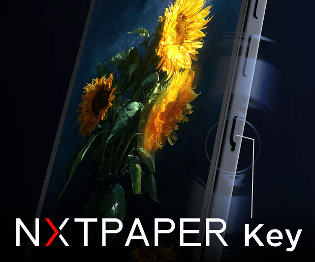 Smartfon z widocznym profilowym przełącznikiem na krawędzi obudowy wskazanym linią i napisem NXTPAPER Key