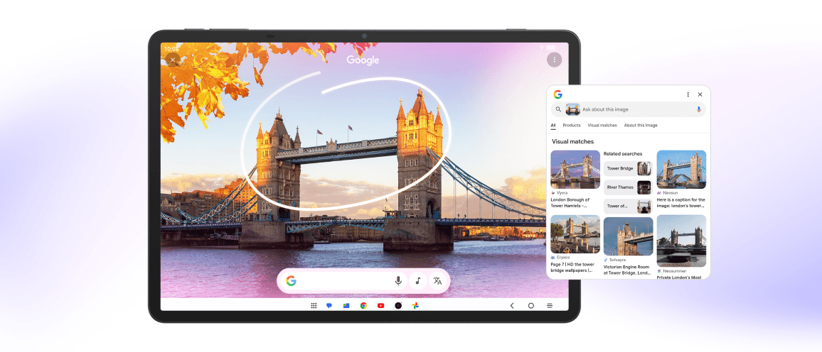 Tablet z zakreślonym mostem Tower Bridge i wynikami wyszukiwania.