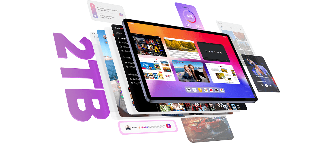 Grafika z trójwymiarowym napisem 2 TB i tabletem TCL na tle okien z plikami multimedialnymi
