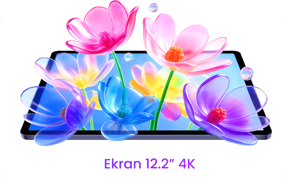 Tablet TCL z ekranem o przekątnej 12,2 cala, z którego wyrastają trójwymiarowe, kolorowe, półprzezroczyste kwiaty, a poniżej znajduje się fioletowy napis Ekran 12,2 cala w rozdzielczości około 4000 pikseli w poziomie