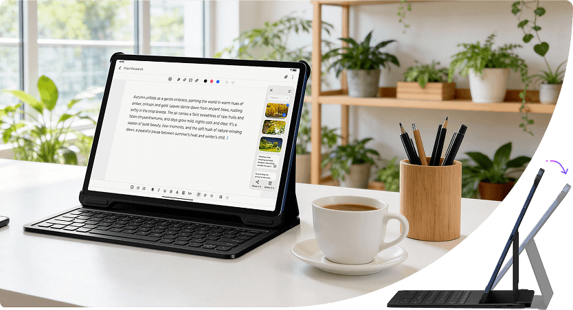 Tablet z klawiaturą na biurku i schematem regulacji nachylenia.