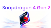 Grafika promocyjna procesora Snapdragon 4 Gen 2 w formie podświetlanej kostki z logo, powyżej znajduje się fioletowy napis z nazwą układu Snapdragon 4 Gen 2