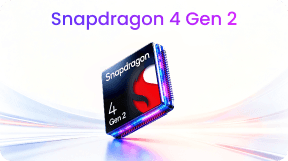 Grafika promocyjna procesora Snapdragon 4 Gen 2 w formie podświetlanej kostki z logo, powyżej znajduje się fioletowy napis z nazwą układu Snapdragon 4 Gen 2
