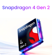 Grafika promocyjna procesora Snapdragon 4 Gen 2 w formie podświetlanej kostki z logo, powyżej znajduje się fioletowy napis z nazwą układu Snapdragon 4 Gen 2