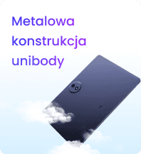 Grafika promocyjna z fioletowym napisem Metalowa konstrukcja unibody oraz tylną obudową granatowego tabletu TCL z okrągłą wyspą aparatów, wyłaniającą się z obłoków na jasnym tle