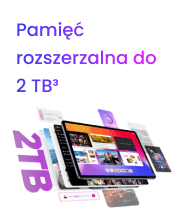Grafika z napisem Pamięć rozszerzalna do 2 TB i tabletem TCL na tle okien z plikami multimedialnymi