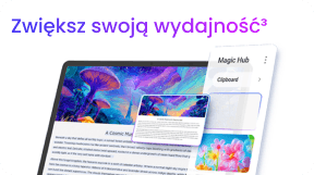 Grafika z napisem Zwiększ swoją wydajność, pokazująca tablet TCL z dokumentem i panel interfejsu Magic Hub