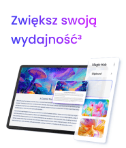 Grafika z napisem Zwiększ swoją wydajność, pokazująca tablet TCL z dokumentem i panel interfejsu Magic Hub