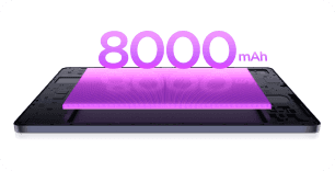 Grafika z napisem 8000 mAh i podświetloną baterią widoczną we wnętrzu otwartej obudowy tabletu TCL