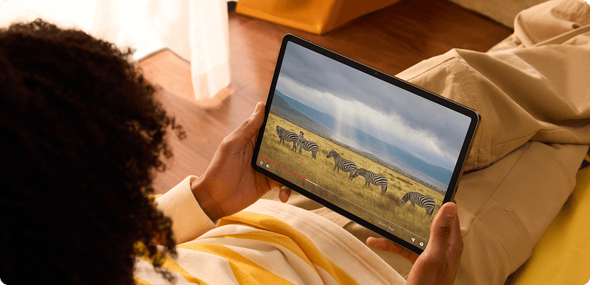 Osoba oglądająca film z zebrami na ekranie tabletu.