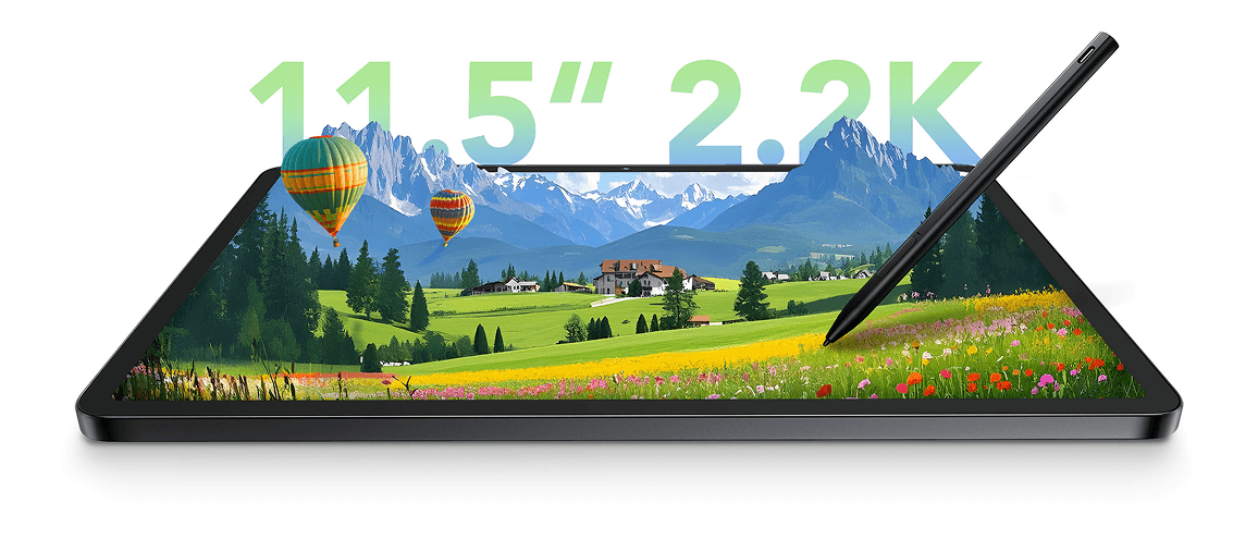 Tablet z czarnym rysikiem i górskim krajobrazem na ekranie 11,5 cala.