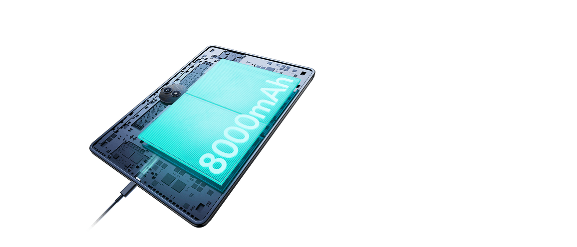 Grafika z wnętrzem tabletu i podświetloną baterią 8000 mAh.