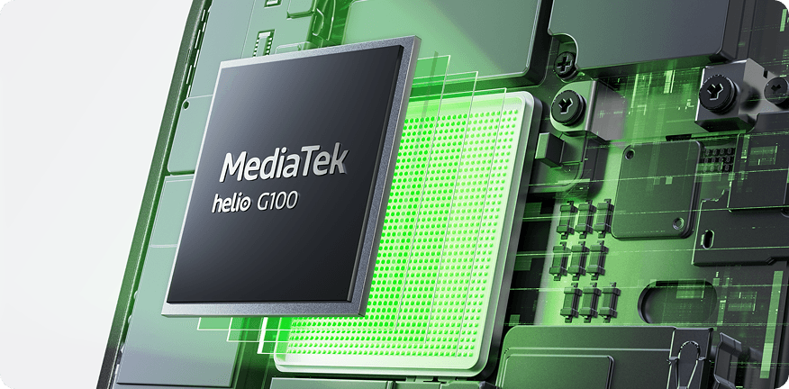 Grafika z wnętrzem tabletu i procesorem MediaTek Helio G100.
