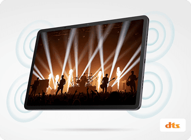 Grafika z tabletem wyświetlającym koncert i falami dźwiękowymi.