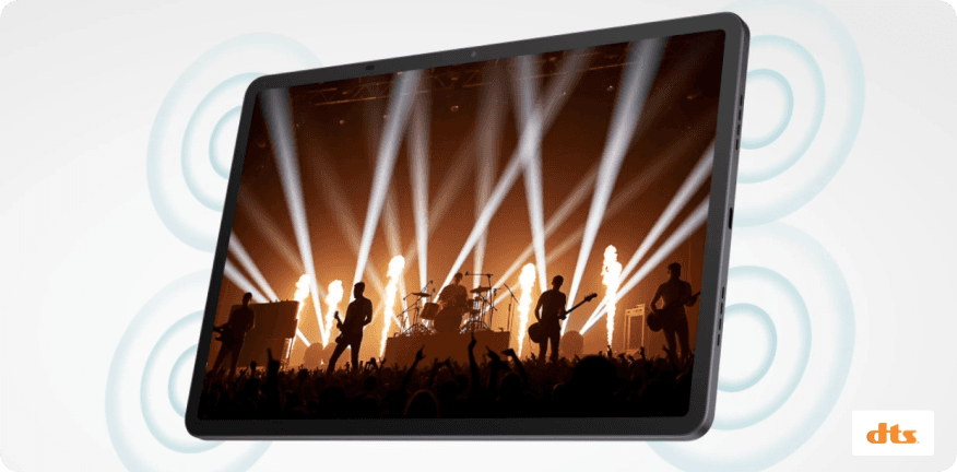 Grafika z tabletem wyświetlającym koncert i falami dźwiękowymi.