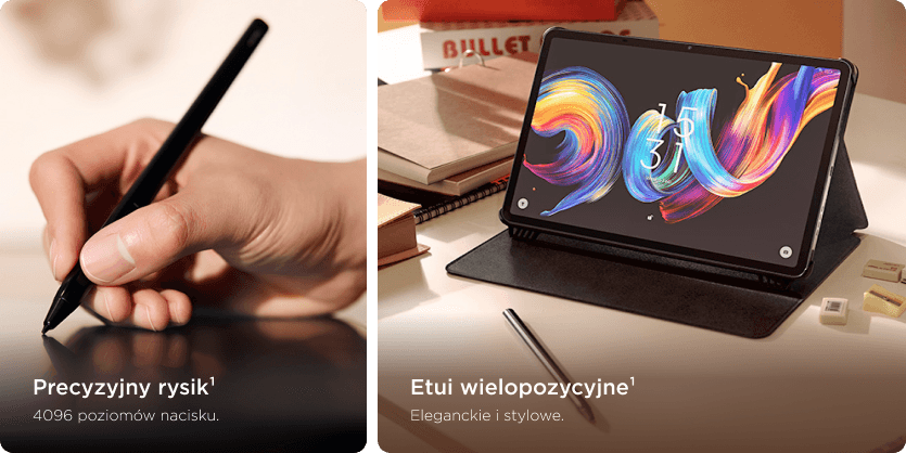 Dłoń z rysikiem na ekranie obok tabletu w etui. Napisy: Precyzyjny rysik 4096 poziomów nacisku, Etui wielopozycyjne.