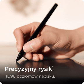 Dłoń trzyma czarny rysik na ekranie tabletu, obok napis Precyzyjny rysik 4096 poziomów nacisku.