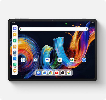 Ekran tabletu z kolorową abstrakcyjną tapetą i bocznym paskiem skrótów.