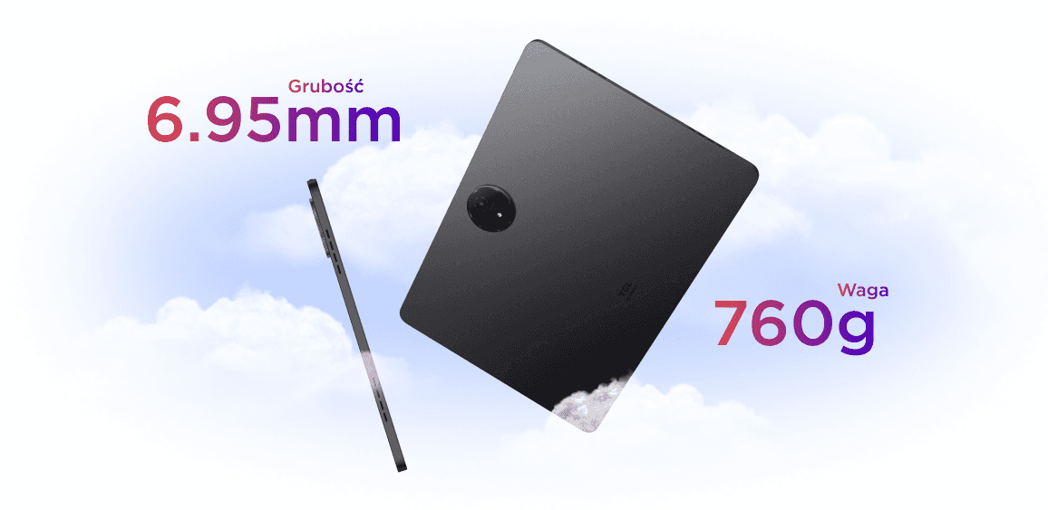 Czarny tablet TCL z oznaczeniem grubości 6,95 mm i wagi 760 g na tle chmur.