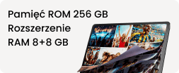 Grafika z informacją o pamięci ROM (Read-Only memory) 256 GB oraz rozszerzeniu RAM (Random-Access Memory) 8+8 GB.