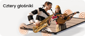 Grafika z napisem „Cztery głośniki” przedstawiająca tablet z emitowanymi falami dźwiękowymi oraz muzyków grających na saksofonie i gitarze.