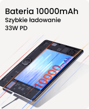 Grafika z informacją o baterii 10000 mAh oraz szybkim ładowaniu 33W PD (Power Delivery).