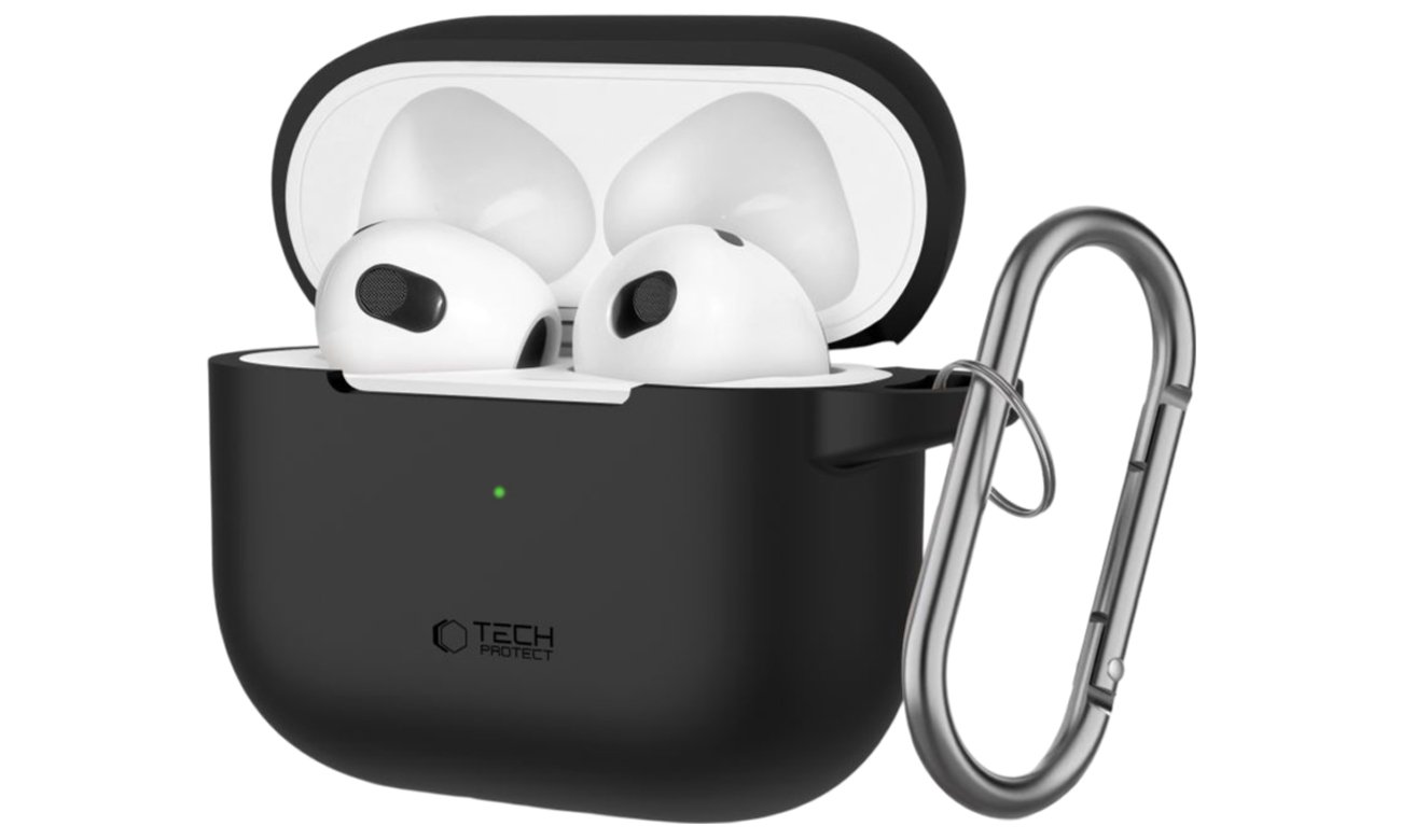 Etui Tech-Protect Silicone Hook für Apple AirPods 3. Generation Schwarz - Vorderansicht im Winkel