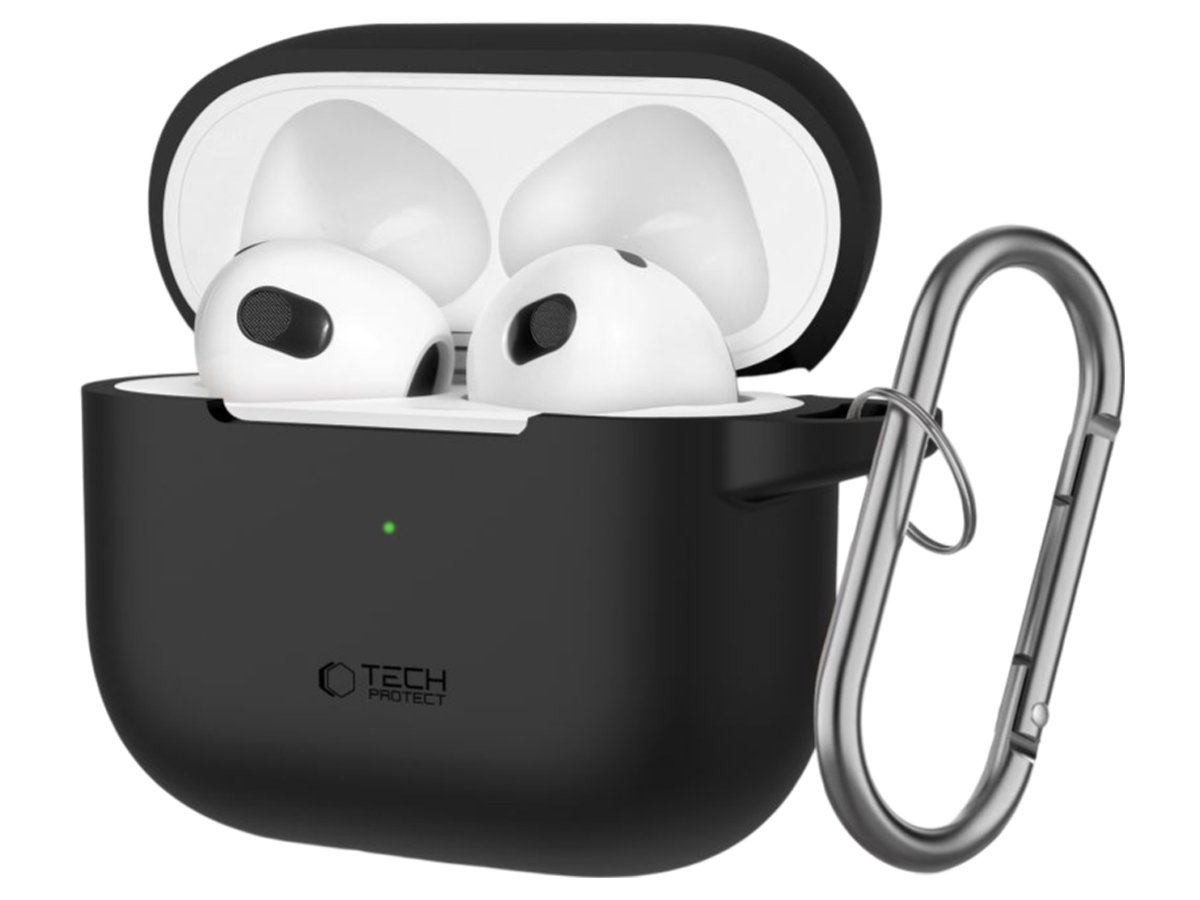 Etui Tech-Protect Silicone Hook für Apple AirPods 3. Generation Schwarz - Vorderansicht im Winkel