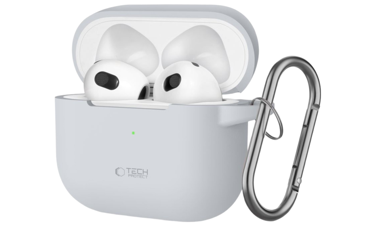 Tech-Protect Silicone Hook Hülle für Apple AirPods 3. Generation Crayon Grey - Vorderansicht im Winkel