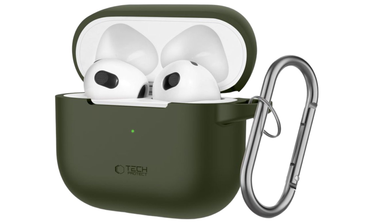 Tech-Protect Silicone Hook Hülle für Apple AirPods 3. Generation Olive Green - Frontansicht im Winkel