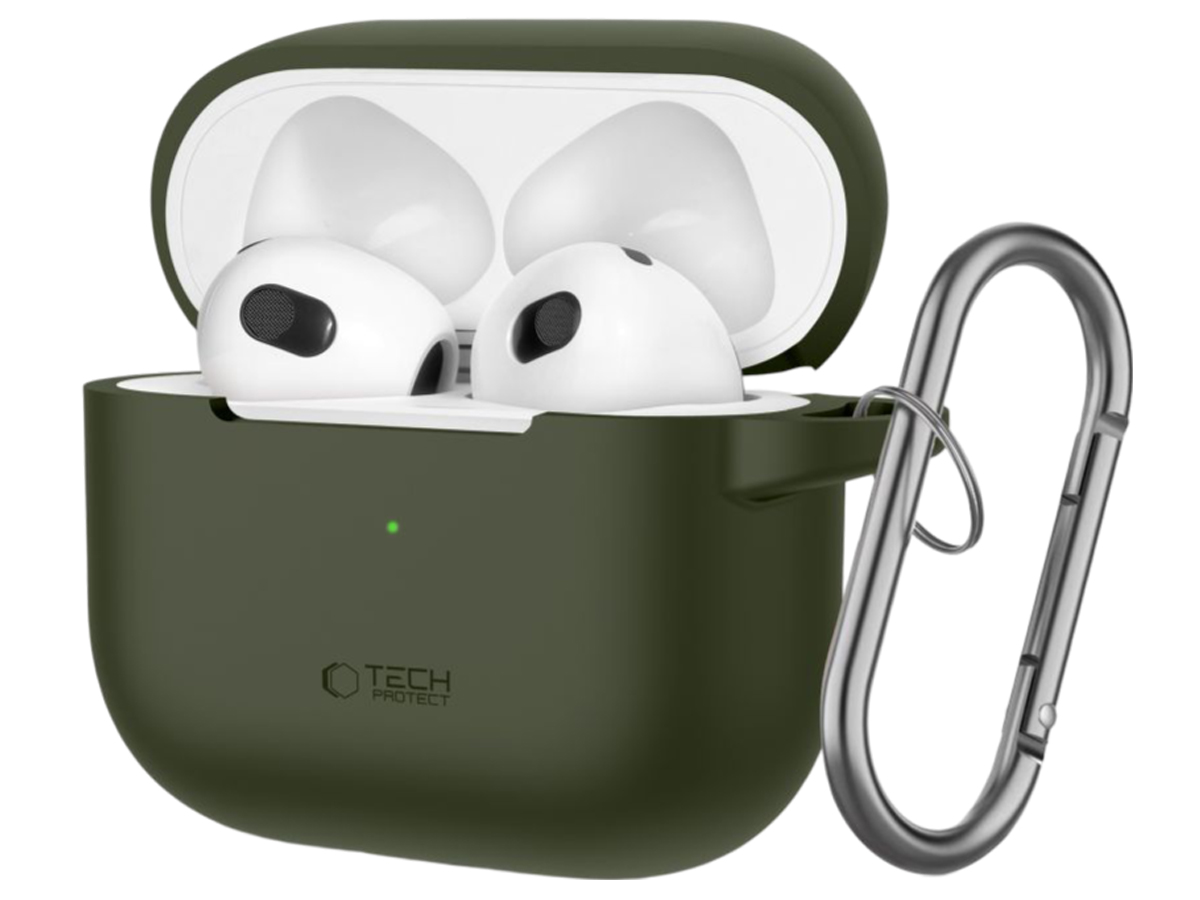 Tech-Protect Silicone Hook Hülle für Apple AirPods 3. Generation Olive Green - Frontansicht im Winkel