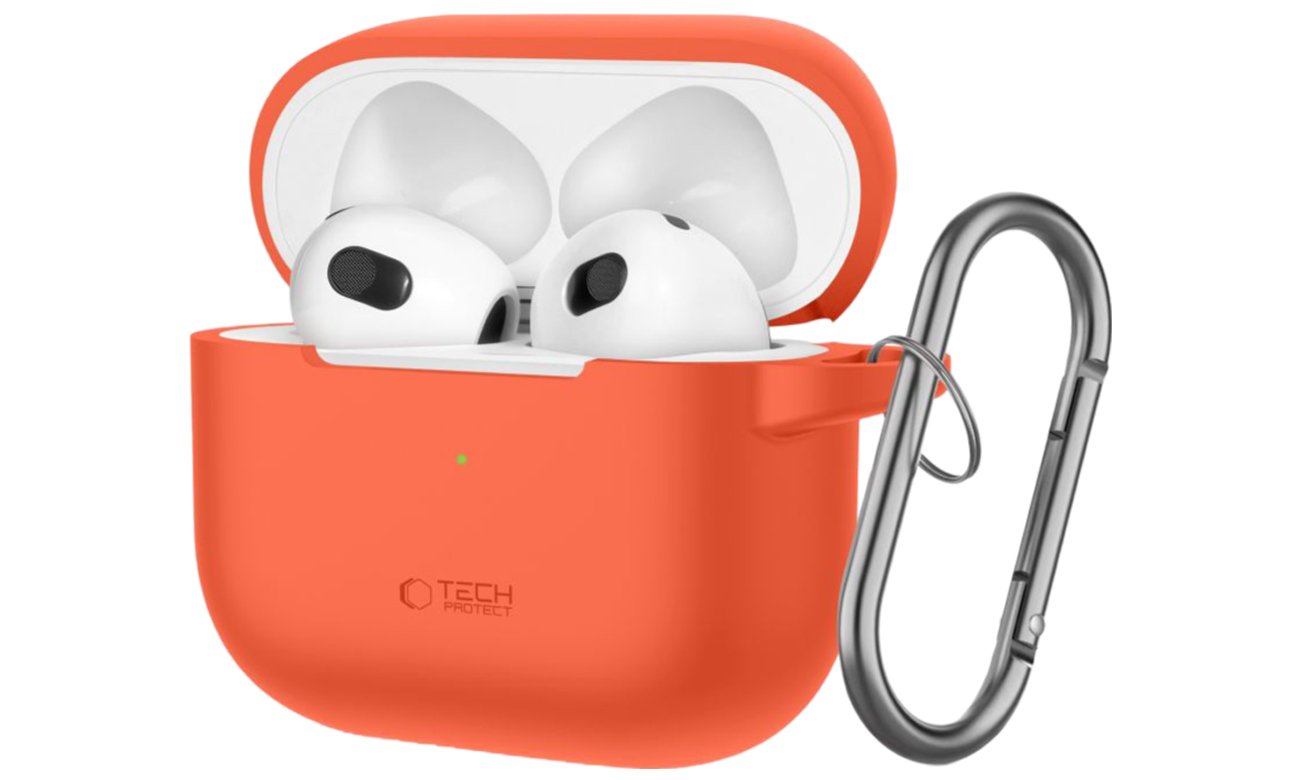 Tech-Protect Silicone Hook Hülle für Apple AirPods 3. Generation Neon Orange - Vorderansicht im Winkel