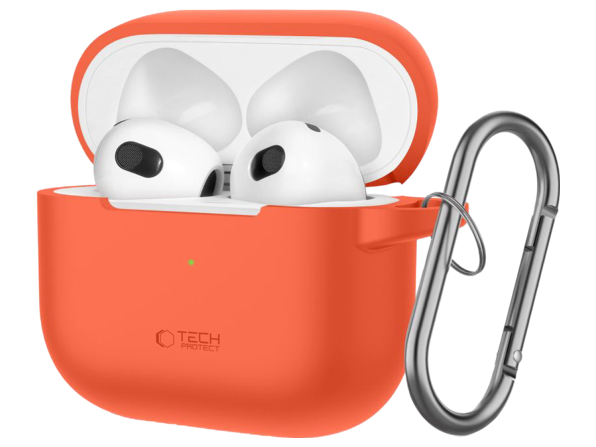 Tech-Protect Silicone Hook Hülle für Apple AirPods 3. Generation Neon Orange - Vorderansicht im Winkel