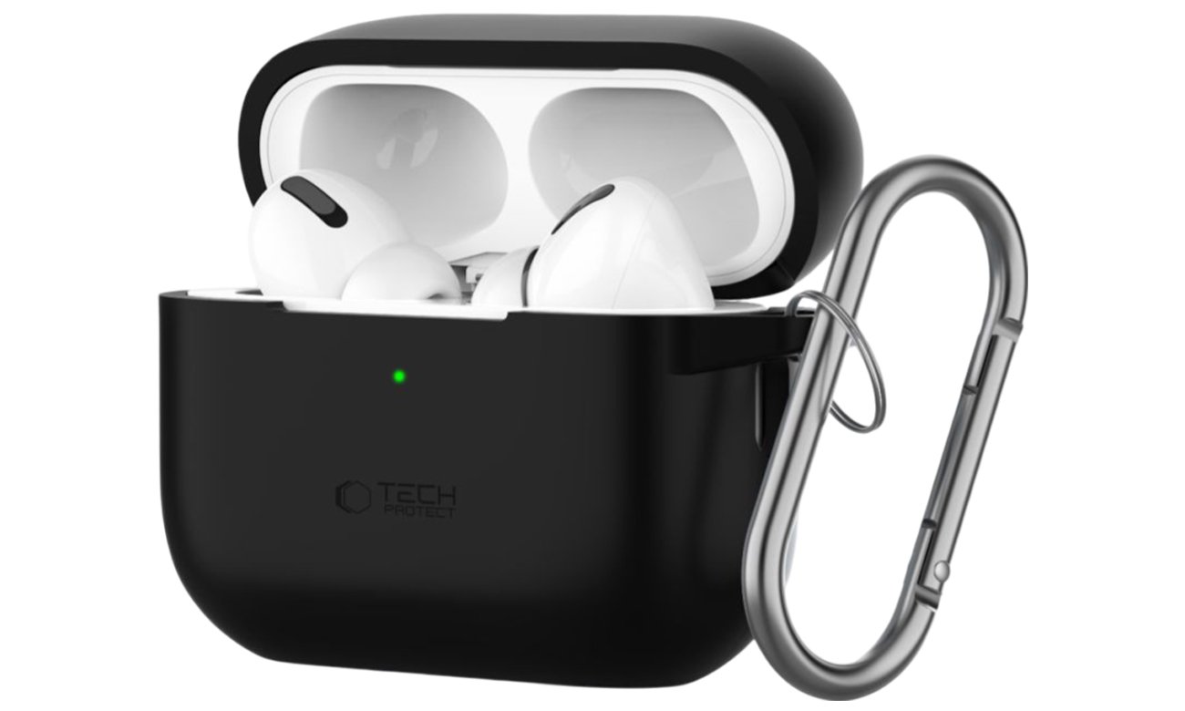 Etui Tech-Protect Silicone Hook für Apple AirPods Pro (1.|2. Gen.) Schwarz - Vorderansicht im Winkel