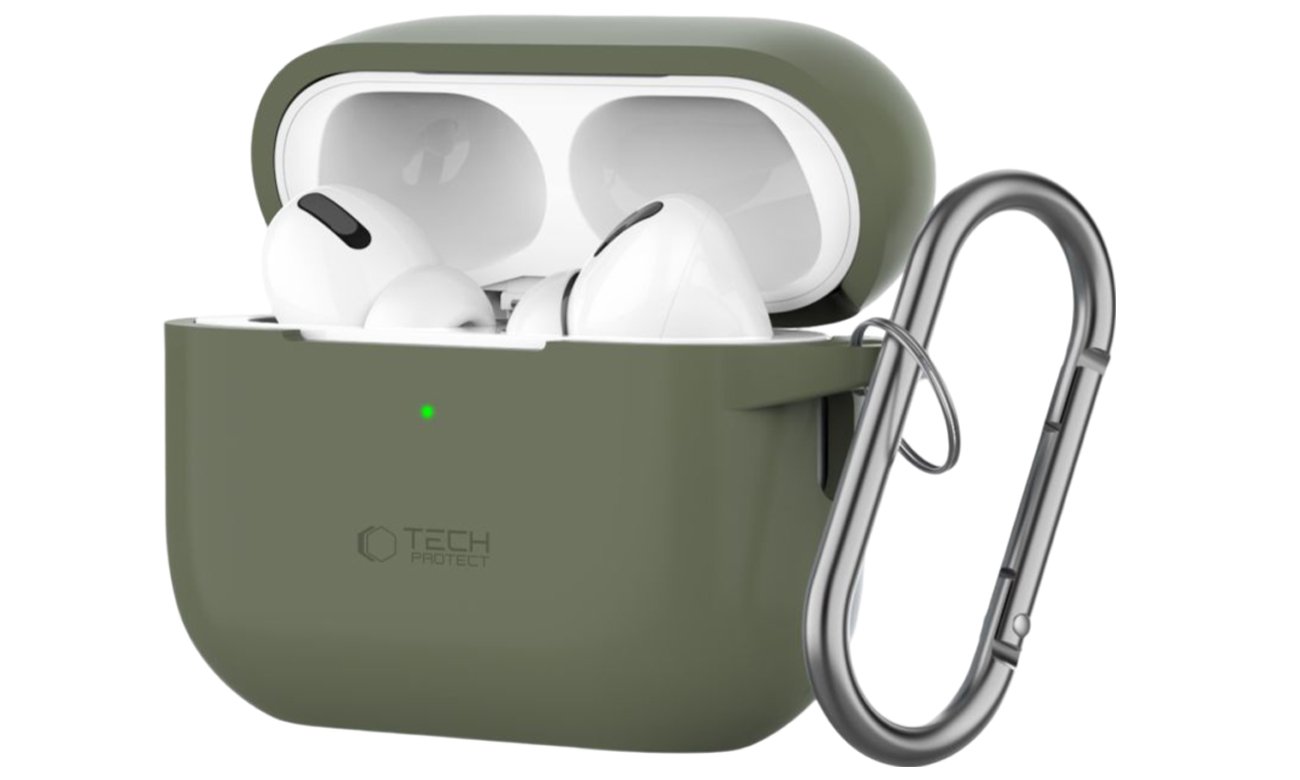 Tech-Protect Silicone Hook Hülle für Apple AirPods Pro (1.|2. Gen.) Olive Green - Frontansicht im Winkel