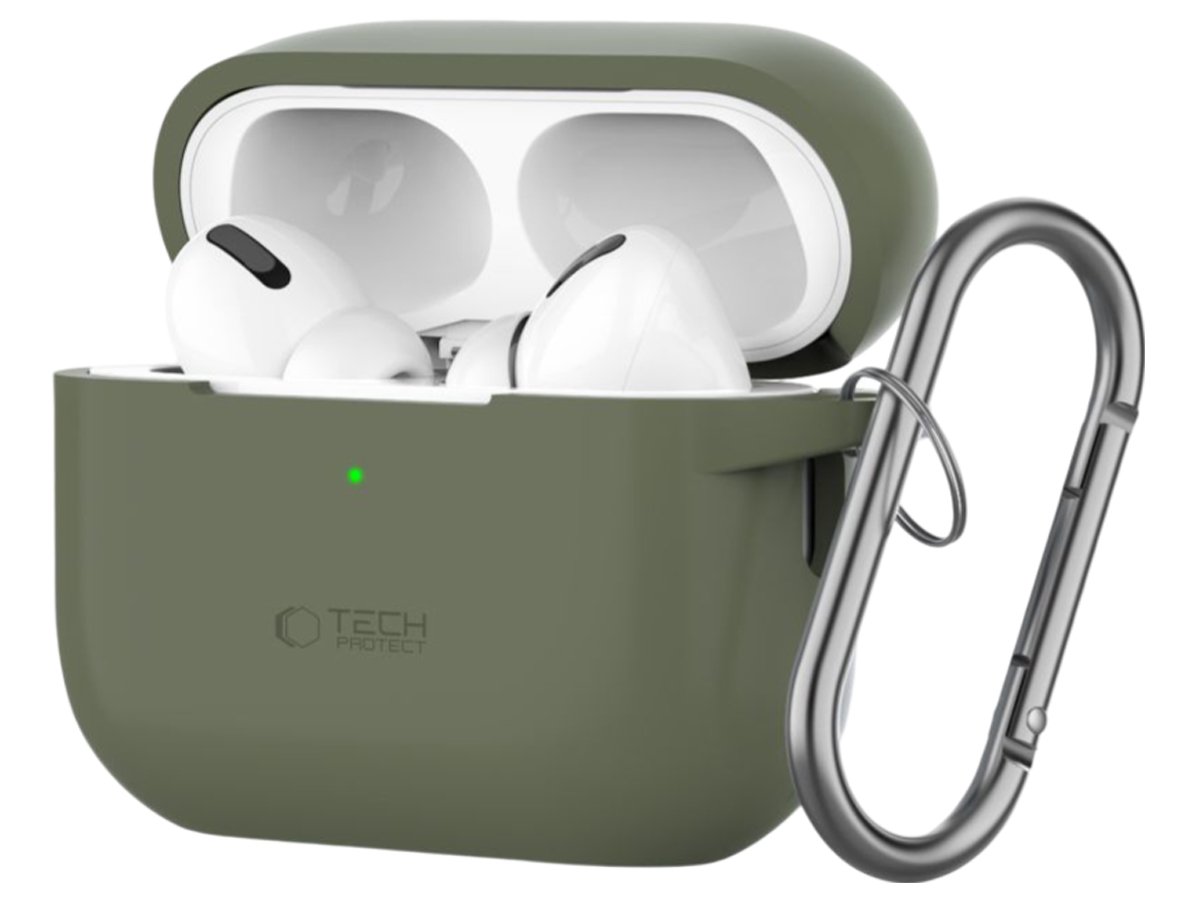 Tech-Protect Silicone Hook Hülle für Apple AirPods Pro (1.|2. Gen.) Olive Green - Frontansicht im Winkel