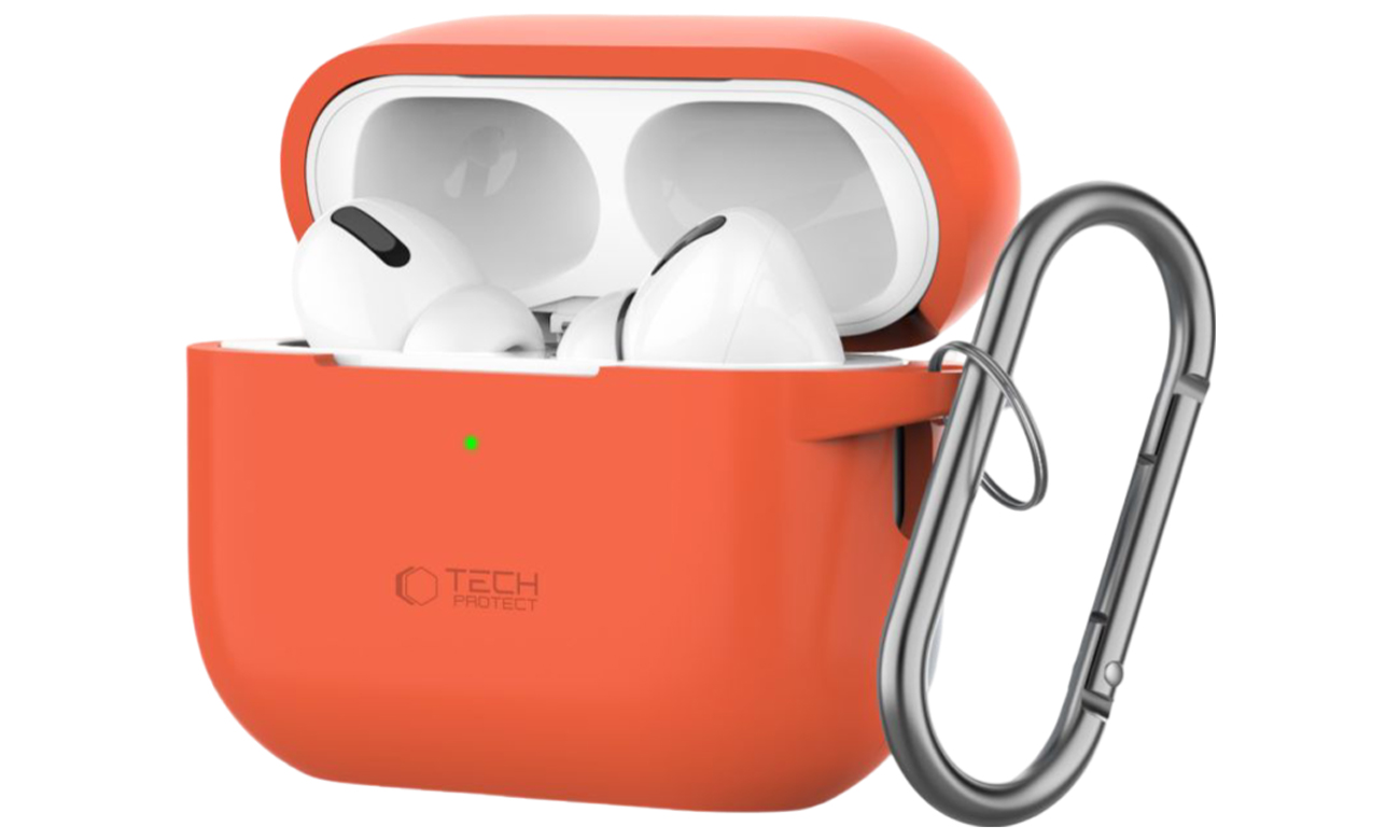 Tech-Protect Silicone Hook Hülle für Apple AirPods Pro (1.|2. Gen.) Neon Orange - Frontansicht im Winkel